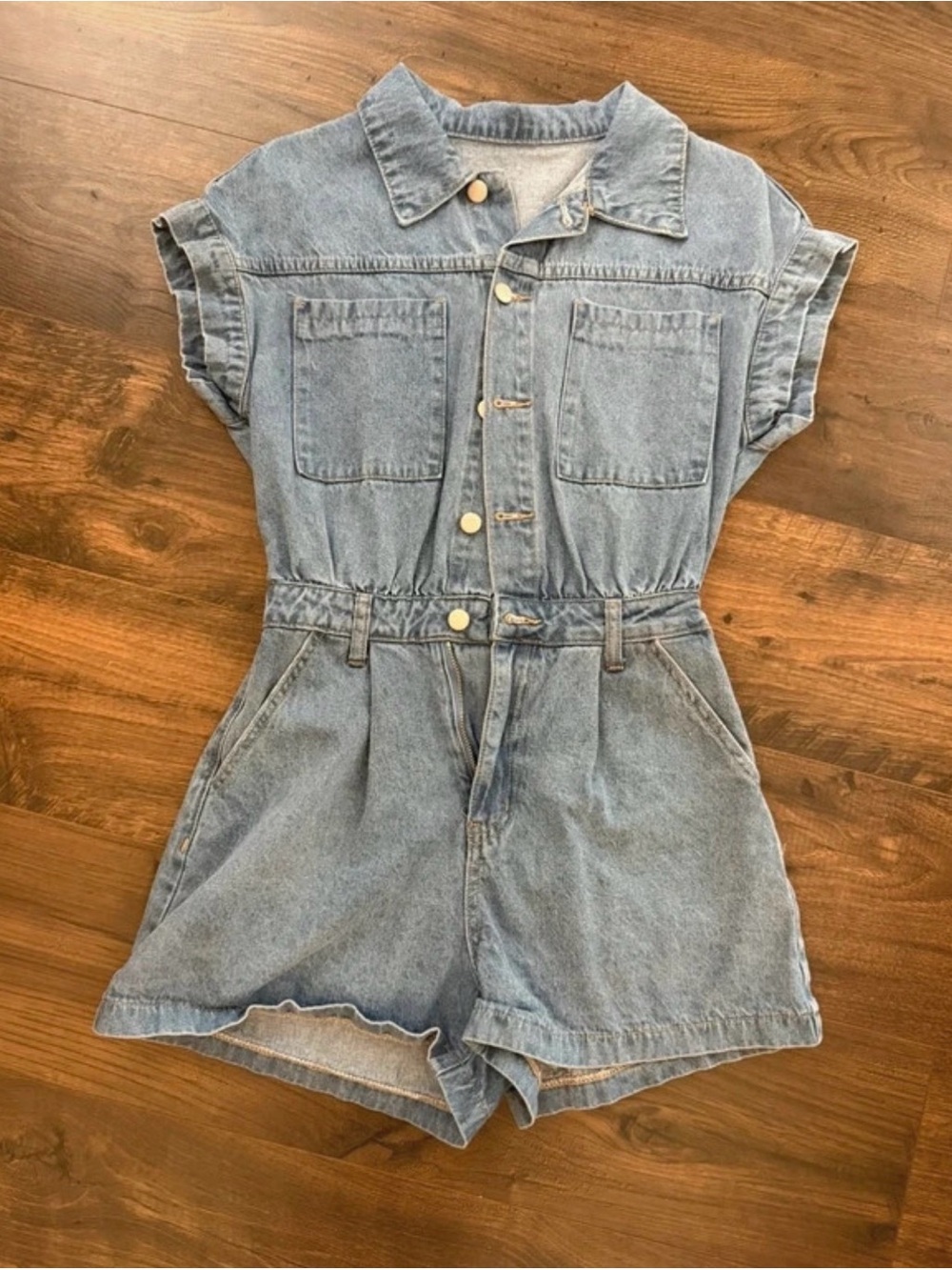 Light Wash Denim Romper - Casual Short Sleeve Jumpsuit
